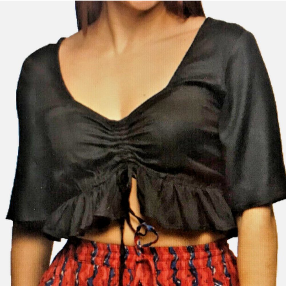 Nwt SACRED THREADS black hippy boho rayon drawstring cropped TOP M/L